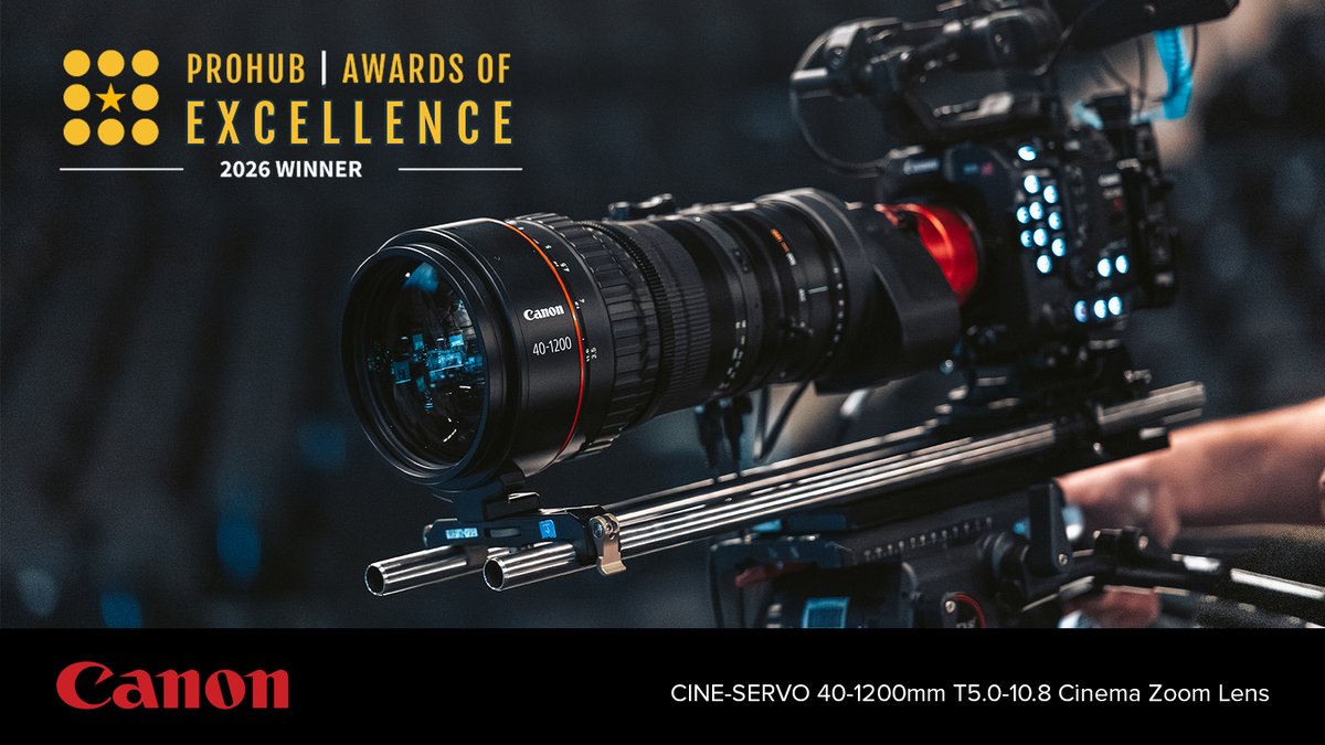 CanonUSApro's tweet photo. Another big moment from NAB! The CINE-SERVO 40–1200mm has been named a ProductionHUB Awards of Excellence winner. Read more about the winners here: https://t.co/3QGjA2iKkI https://t.co/vR81mcYEJ6