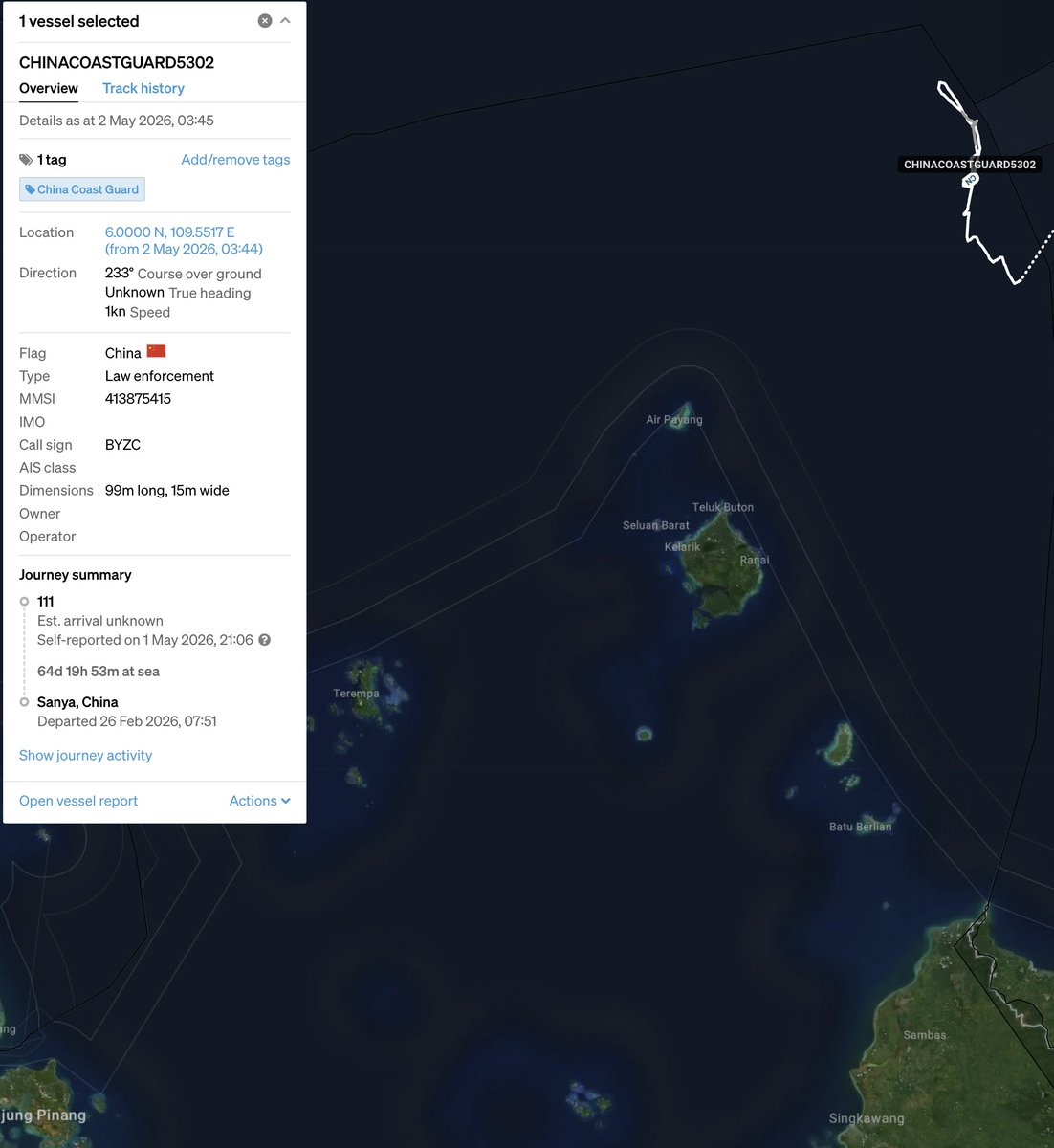 SeaLightFound's tweet image. 🇨🇳#China Coast Guard 5302 has been conducting an intrusive patrol in the North Natuna Sea since 30 April, approaching within 100 nautical miles of Laut Island, which is well within 🇮🇩#Indonesia's exclusive economic zone.

CCG 5302 is a Type 059/80 Shucha II-class patrol cutter