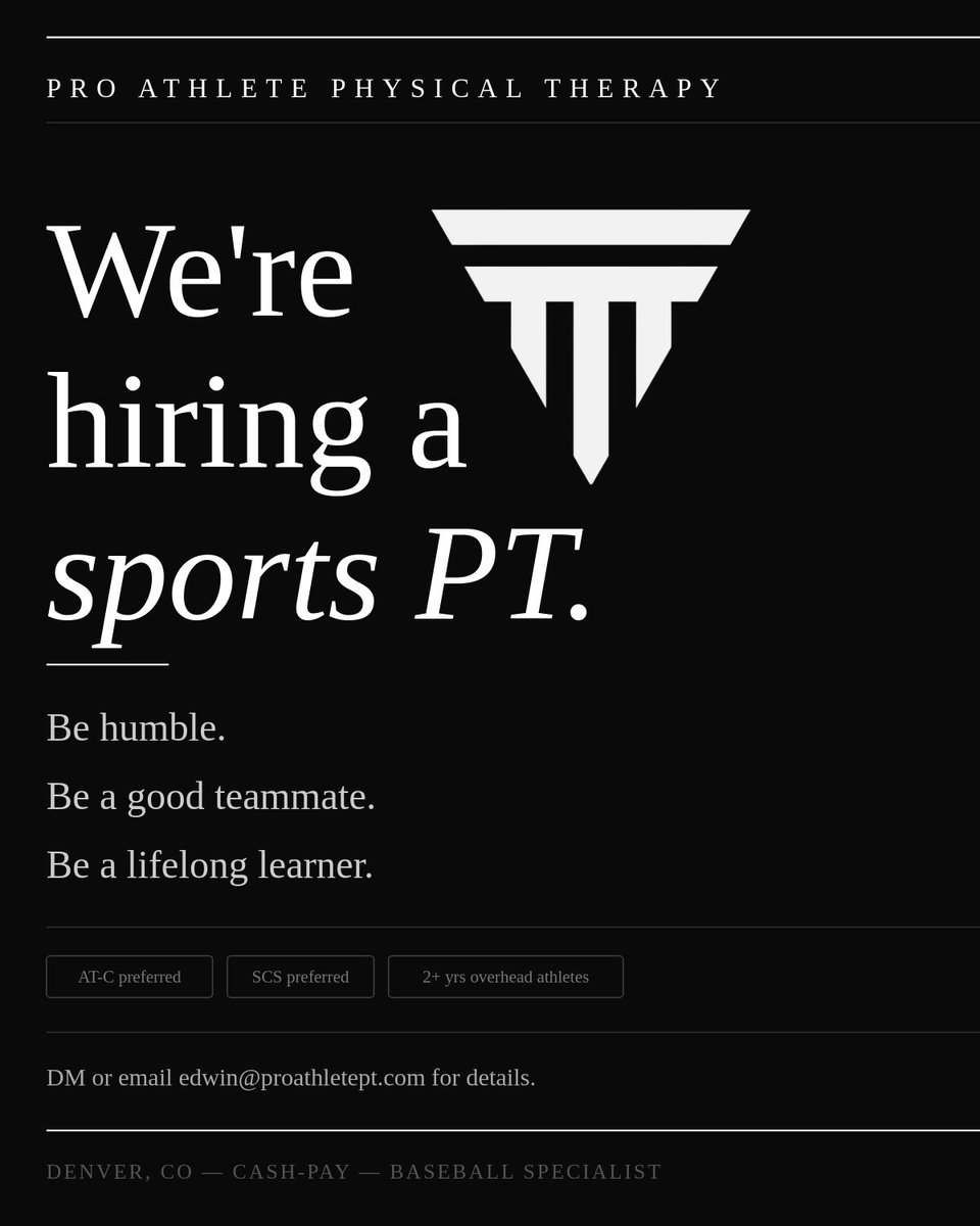 FBInjuryDoc's tweet photo. Hey PTs

Tired of 15-20 patients a day at an insurance mill?

Think your results would be better with time &amp; support?

We’re hiring at @proathletept

We’re an out of network practice in Denver. Baseball niche. Sports specialists

The catch…

(1/2) https://t.co/pKw2E876I3