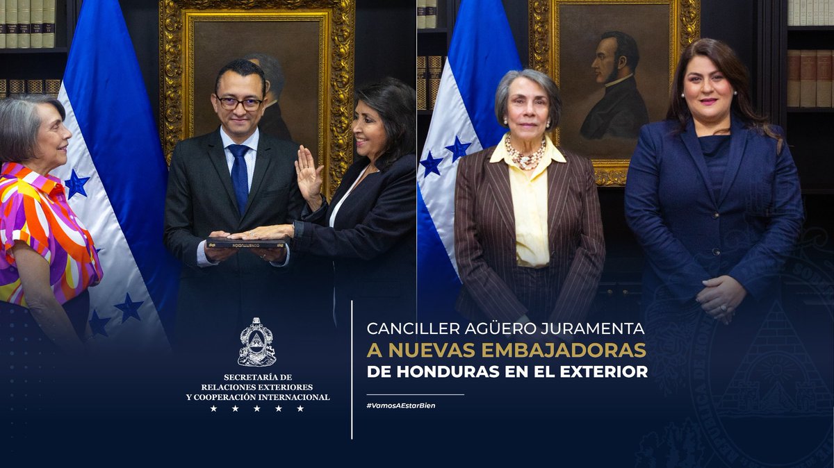 CancilleriaHN's tweet photo. ✍️ 𝗖𝗮𝗻𝗰𝗶𝗹𝗹𝗲𝗿 𝗔𝗴ü𝗲𝗿𝗼 𝗷𝘂𝗿𝗮𝗺𝗲𝗻𝘁𝗮 𝗮 𝗻𝘂𝗲𝘃𝗮𝘀 𝗘𝗺𝗯𝗮𝗷𝗮𝗱𝗼𝗿𝗮𝘀 𝗱𝗲 𝗛𝗼𝗻𝗱𝘂𝗿𝗮𝘀 𝗲𝗻 𝗲𝗹 𝗲𝘅𝘁𝗲𝗿𝗶𝗼𝗿 🌎 

🇭🇳🇦🇷La Secretaria de Relaciones Exteriores y Cooperación Internacional, 𝐌𝐢𝐫𝐞𝐲𝐚 𝐀𝐠ü𝐞𝐫𝐨, 𝐣𝐮𝐫𝐚𝐦𝐞𝐧𝐭ó 𝐚 𝐥𝐚 𝐧𝐮𝐞𝐯𝐚 𝐄𝐦𝐛𝐚𝐣𝐚𝐝𝐨𝐫𝐚 𝐄𝐱𝐭𝐫𝐚𝐨𝐫𝐝𝐢𝐧𝐚𝐫𝐢𝐚 𝐲 𝐏𝐥𝐞𝐧𝐢𝐩𝐨𝐭𝐞𝐧𝐜𝐢𝐚𝐫𝐢𝐚 𝐝𝐞 𝐇𝐨𝐧𝐝𝐮𝐫𝐚𝐬 𝐚𝐧𝐭𝐞 𝐥𝐚 𝐑𝐞𝐩ú𝐛𝐥𝐢𝐜𝐚 𝐀𝐫𝐠𝐞𝐧𝐭𝐢𝐧𝐚, 𝐑𝐨𝐬𝐚𝐫𝐢𝐨 𝐂𝐚𝐬𝐭𝐢𝐥𝐥𝐨 𝐆𝐚𝐥𝐨.

Las relaciones entre Honduras y Argentina se basan en una amistad histórica fortalecida por la cooperación técnica, política y comercial, con un enfoque en la agroindustria y la integración regional. 

🇭🇳🇧🇪Asimismo, la  𝗖𝗮𝗻𝗰𝗶𝗹𝗹𝗲𝗿 𝗠𝗶𝗿𝗲𝘆𝗮 𝗔𝗴ü𝗲𝗿𝗼, 𝗷𝘂𝗿𝗮𝗺𝗲𝗻𝘁ó 𝗮 𝗠𝗮𝗿í𝗮 𝗗𝗼𝗹𝗼𝗿𝗲𝘀 𝗔𝗴ü𝗲𝗿𝗼, 𝗰𝗼𝗺𝗼 𝗻𝘂𝗲𝘃𝗮 𝗘𝗺𝗯𝗮𝗷𝗮𝗱𝗼𝗿𝗮 𝗱𝗲 𝗛𝗼𝗻𝗱𝘂𝗿𝗮𝘀 𝗮𝗻𝘁𝗲 𝗲𝗹 𝗥𝗲𝗶𝗻𝗼 𝗱𝗲 𝗕é𝗹𝗴𝗶𝗰𝗮.

Agüero Lara, es Embajadora de carrera quien asume con responsabilidad y compromiso para fortalecer la relación bilateral, incrementar el comercio, inversión, con el fin de identificar áreas de interés común.  

Con estas juramentaciones Honduras fortalece aún más sus lazos de amistad y cooperación con ambas naciones.
