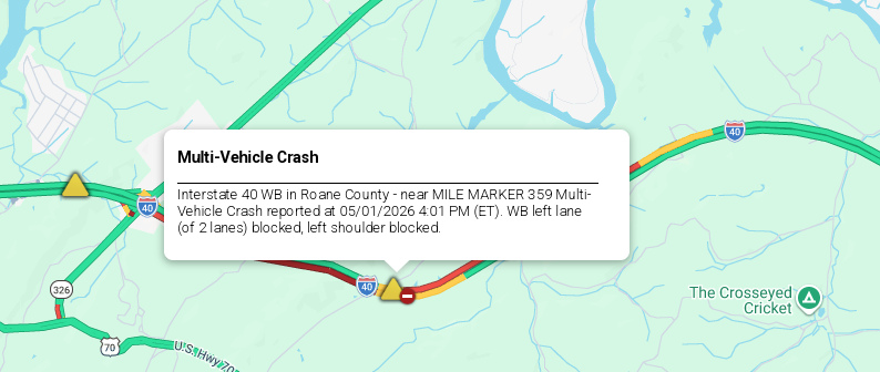 LiveTraffic2's tweet image. Roane County- A crash on I-40 westbound at 359 mm 4:17pm ET. commanderchuck.net #CommanderChuck #Knoxville #Tennessee #TDOT #Traffic #TrafficAlert #Follow