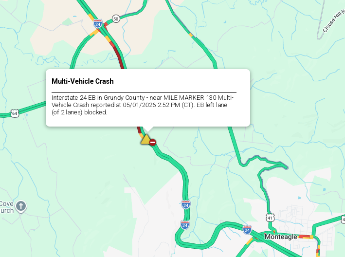 LiveTraffic2's tweet image. Grundy County/Monteagle Mtn Area- A crash on I-24 eastbound near the 130 mm 3:12pm CT. commanderchuck.net #CommanderChuck #Chattanooga #Tennessee #TDOT #Traffic #TrafficAlert #Follow #Weather