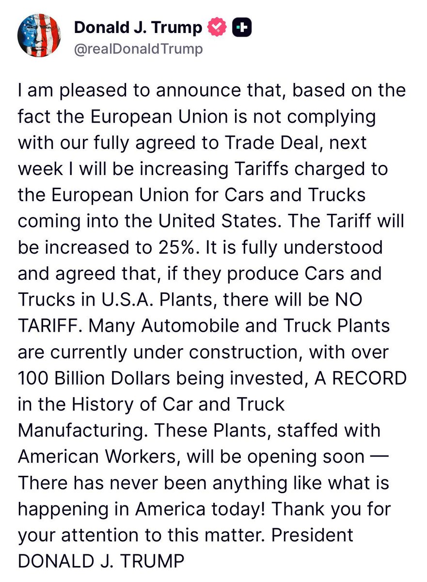 SoledadDurazo's tweet image. 📢 Aranceles del 25% a autos europeos
 Donald Trump anunció nuevas medidas contra la Unión Europea.
⚠️ Señala incumplimiento del acuerdo comercial con EE.UU.
#Economía #Comercio #EEUU #UE 🔴
