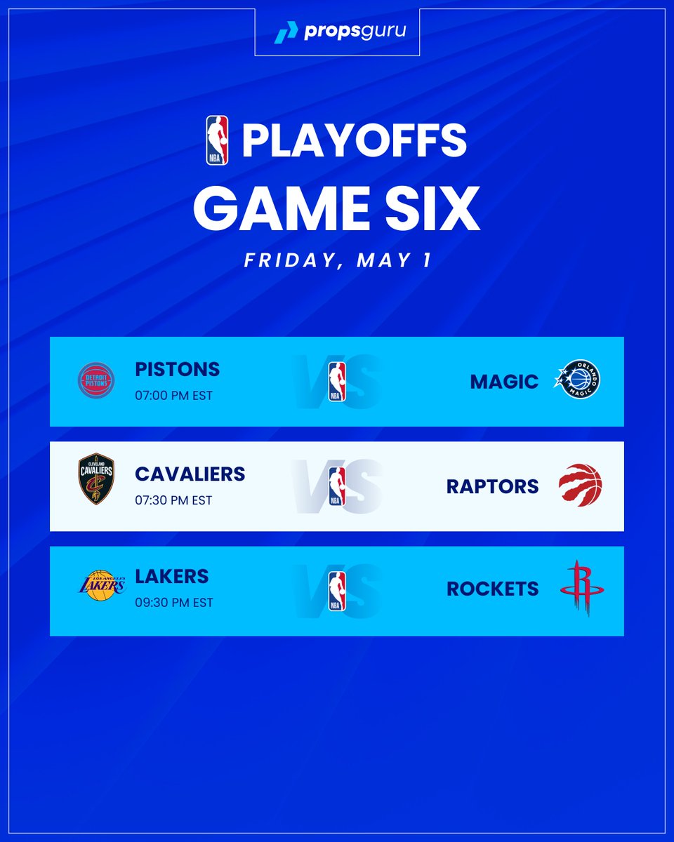 propsguruHQ's tweet photo. Round 1 Game 6 action is here. 

Magic, Cavs, and Lakers all have a chance to close out their series tonight — but Pistons, Raptors, and Rockets are fighting to force a Game 7.

Stay locked in with real-time model insights on Propsguru. https://t.co/F64aD5o0mq