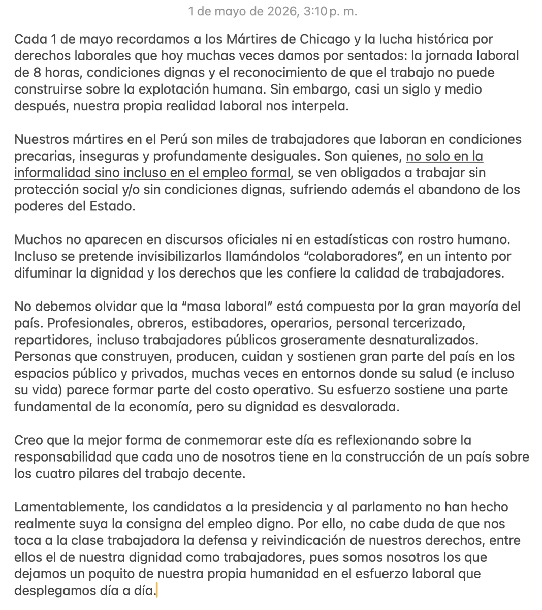 lumarmanillo's tweet photo. Comparto algunos pensamientos por la conmemoración del Día del Trabajo. Hay tanto por hacer, pero el primer paso es tomar conciencia sobre nuestra condición como trabajadores y hacernos responsables de la lucha por nuestros derechos. https://t.co/1OHdrqTwM2