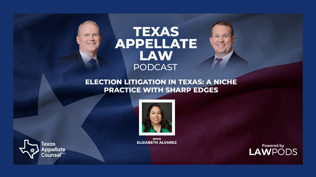TexAppLawPod's tweet photo. File on time. Hit every deadline. Lose without ever reaching the merits. That’s the Ferguson rule—and it’s just one of the sharp edges of election law that Elizabeth Alvarez walks us through in our latest episode. #appellatetwitter

https://t.co/oFs15kqrMK https://t.co/aP29ORdTAU