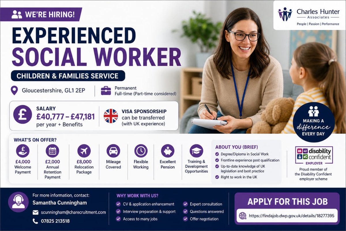skillners's tweet image. 🇬🇧 Experienced Social Worker — Children &amp;amp; Families

£40,777–£47,181 
• £4k welcome 
• £8k relocation

Visa sponsorship transferable (UK experience)

Apply: findajob.dwp.gov.uk/details/182773…

Follow: t.me/skillners 
 x.com/skillners

#UKJobs #SocialWork #VisaSponsorship