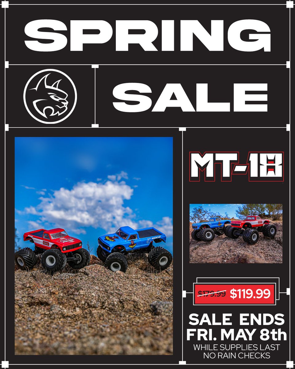 RedcatRacing's tweet image. Spring Savings have arrived! 🌸 Enjoy awesome deals on favorites like the MT-18, starting at just $119.99. Grab yours before May 8th or while supplies last at REDCATRACING.COM. 

Happy shopping! 🚗✨

#rcMT18 #MT18 #redcatnation #ScaleFunForEveryone