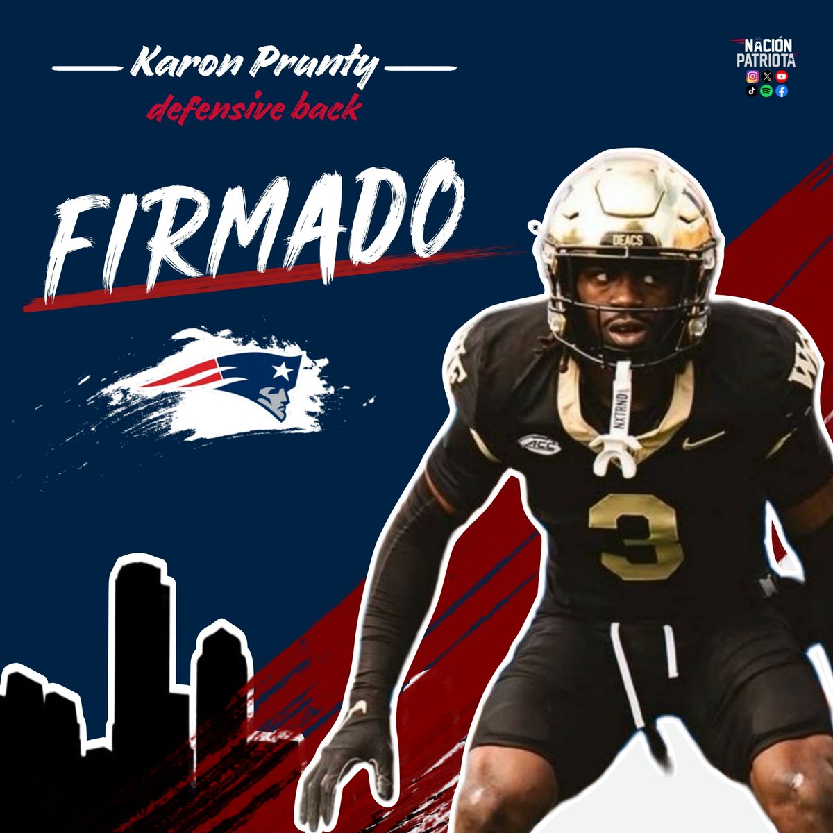 nacionpatriots's tweet image. 𝗕𝗥𝗘𝗔𝗞𝗜𝗡𝗚 𝗡𝗘𝗪𝗦: el DB Karon Prunty ha firmado su contrato de novato con los #Patriots vía @cpriceglobe