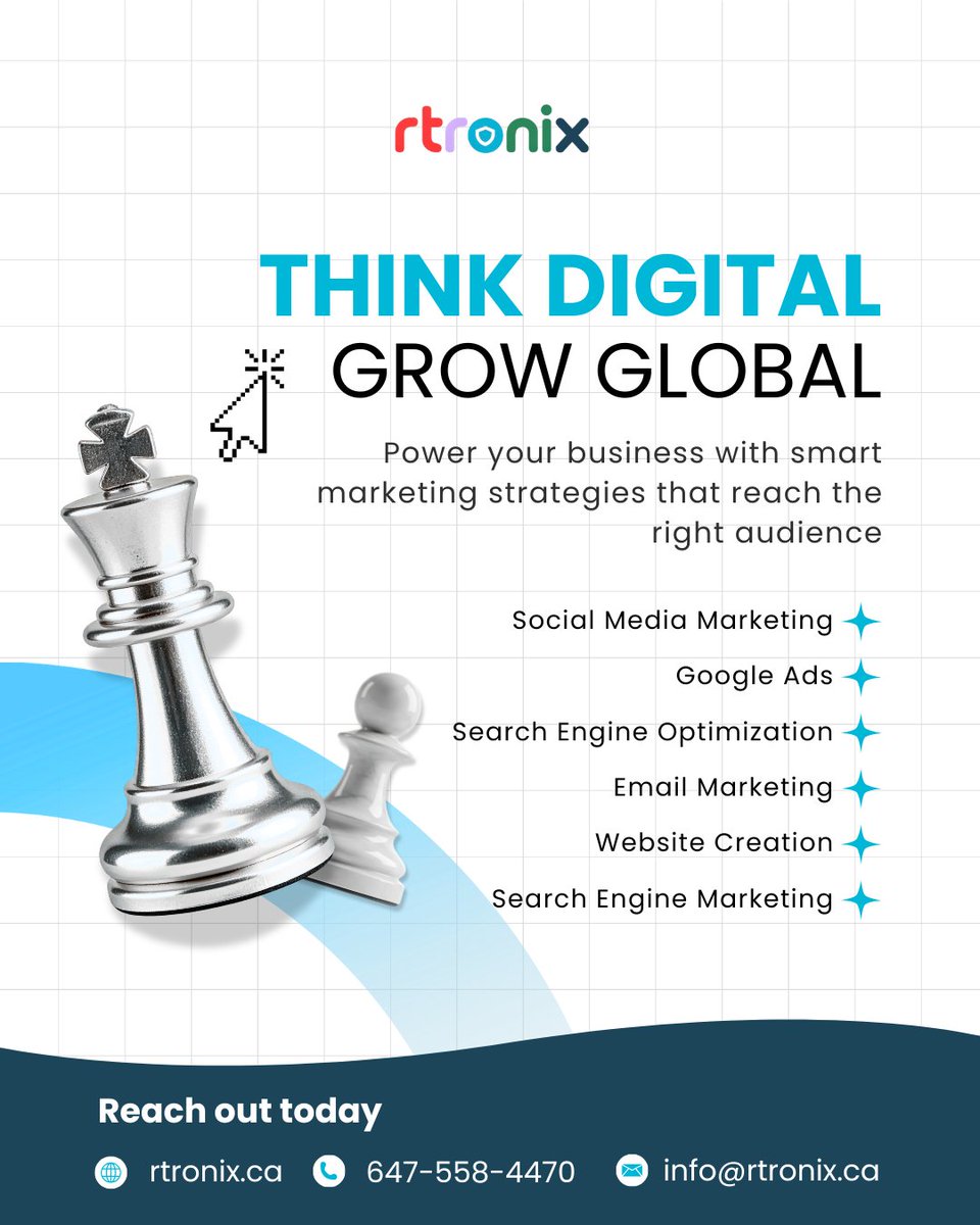 rtronixsolution's tweet image. Stop playing small! ♟️ 

Power your business with smart marketing strategies that reach the exact right audience. Think digital and grow global with rtronix! 🌍🚀

🌐 rtronix.ca
📞 647-558-4470

#DigitalMarketing #BusinessGrowth #Rtronix