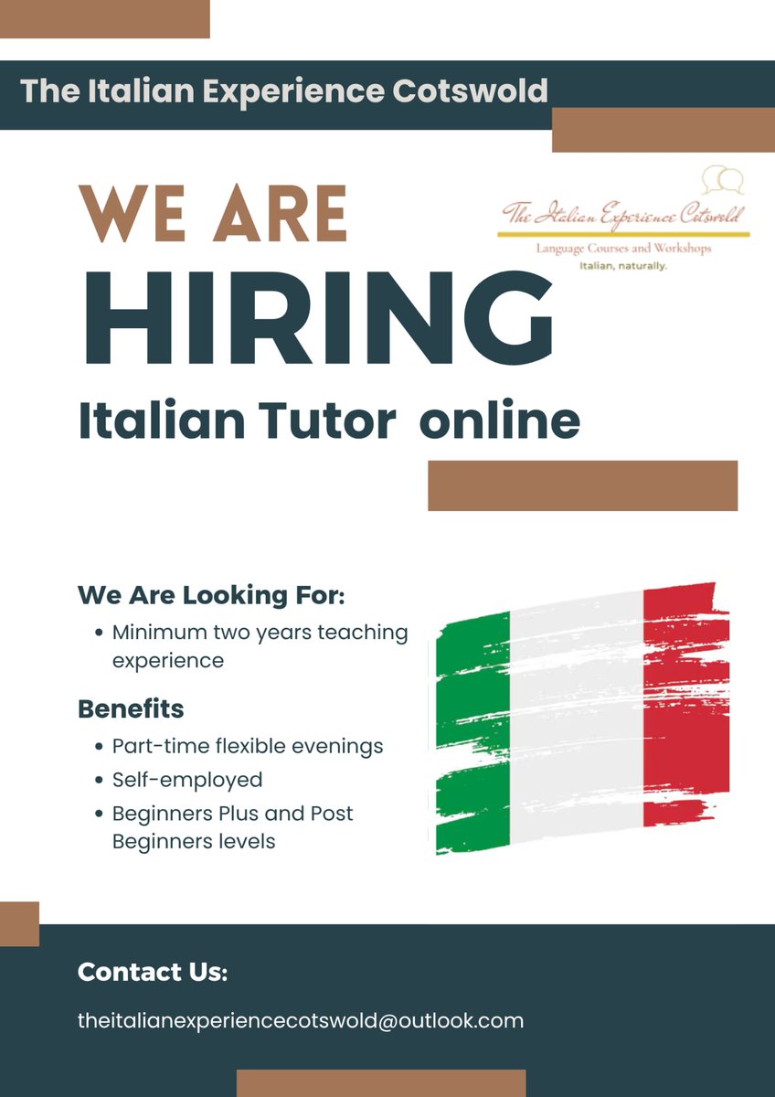 italian_exp_day's tweet image. We are looking for an enthusiastic proficient Italian and English speaker to join our  team! The role would be self employed and is for an online tutor for two levels. Classes woukd be early evenings from September 2026.
#italian #tutor #hiring #online