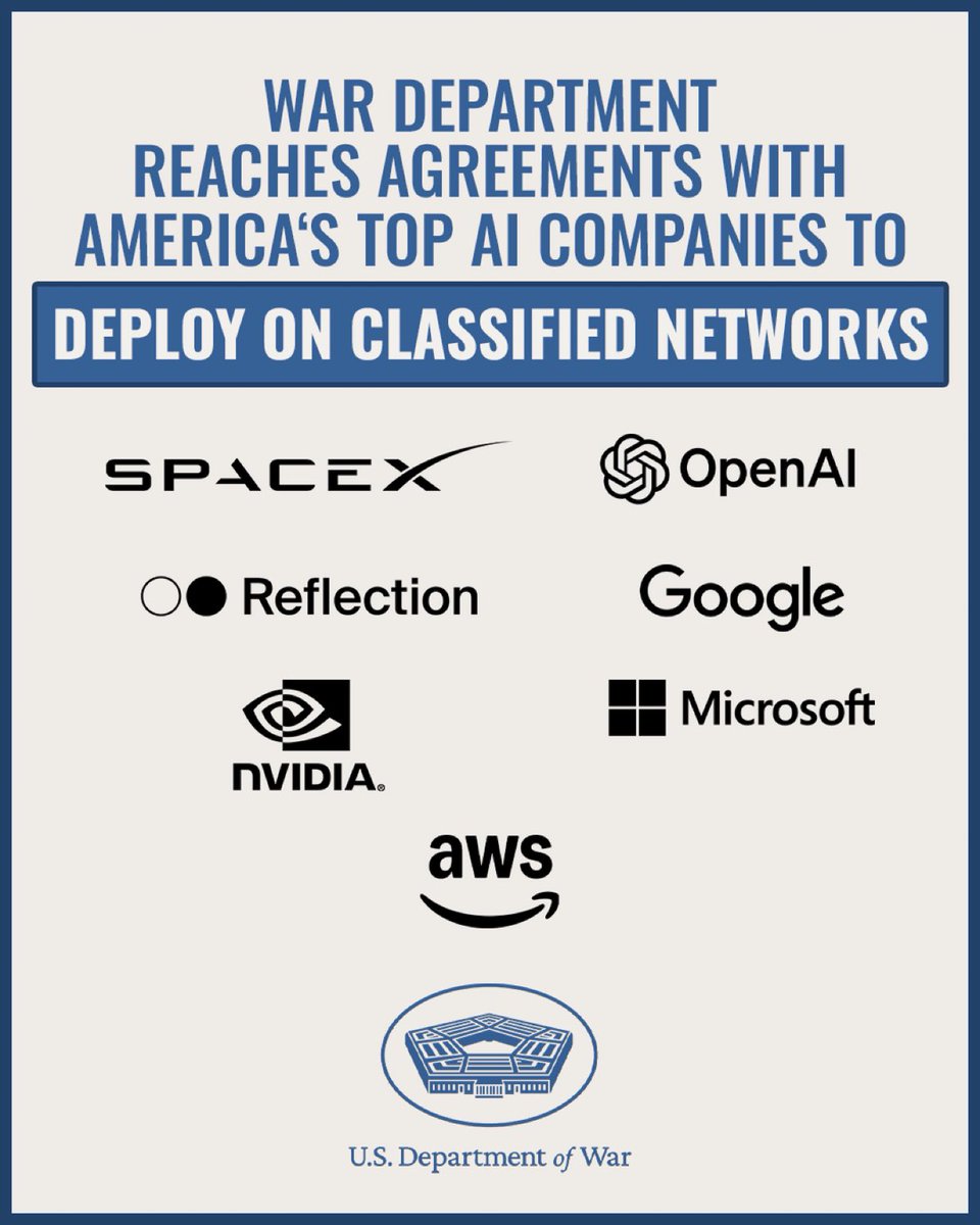 Yking_x's tweet photo. Reflection AI is a relatively low-profile AI company/start which is included in the US war department agreement:- 

>founded in 2024 by Misha Laskin and Ioannis Antonoglou, both former Google DeepMind researchers

>Misha Laskin previously worked on Google DeepMind’s Gemini project and reward modeling

>raised $2 billion in October 2025, bringing total funding to about $2.1 billion
(valued at $8 billion after that round)

>originally focused on autonomous coding agents, then expanded toward open frontier AI 

>backed by Nvidia, Sequoia, Lightspeed, and other major investors

>aims to build an open alternative to closed frontier labs like OpenAI and Anthropic