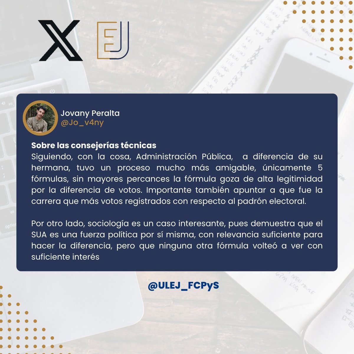 ULEJ_FCPyS's tweet photo. ‼️Sobre las consejerías técnicas‼️

📣Jovany Peralta opina sobre el proceso electoral del consejo técnico del semestre pasado, en el margen de las recientes elecciones de Ciencias de la Comunicación y Sociología 

¿Qué opinas? 👇 https://t.co/7SpJIg8WX0