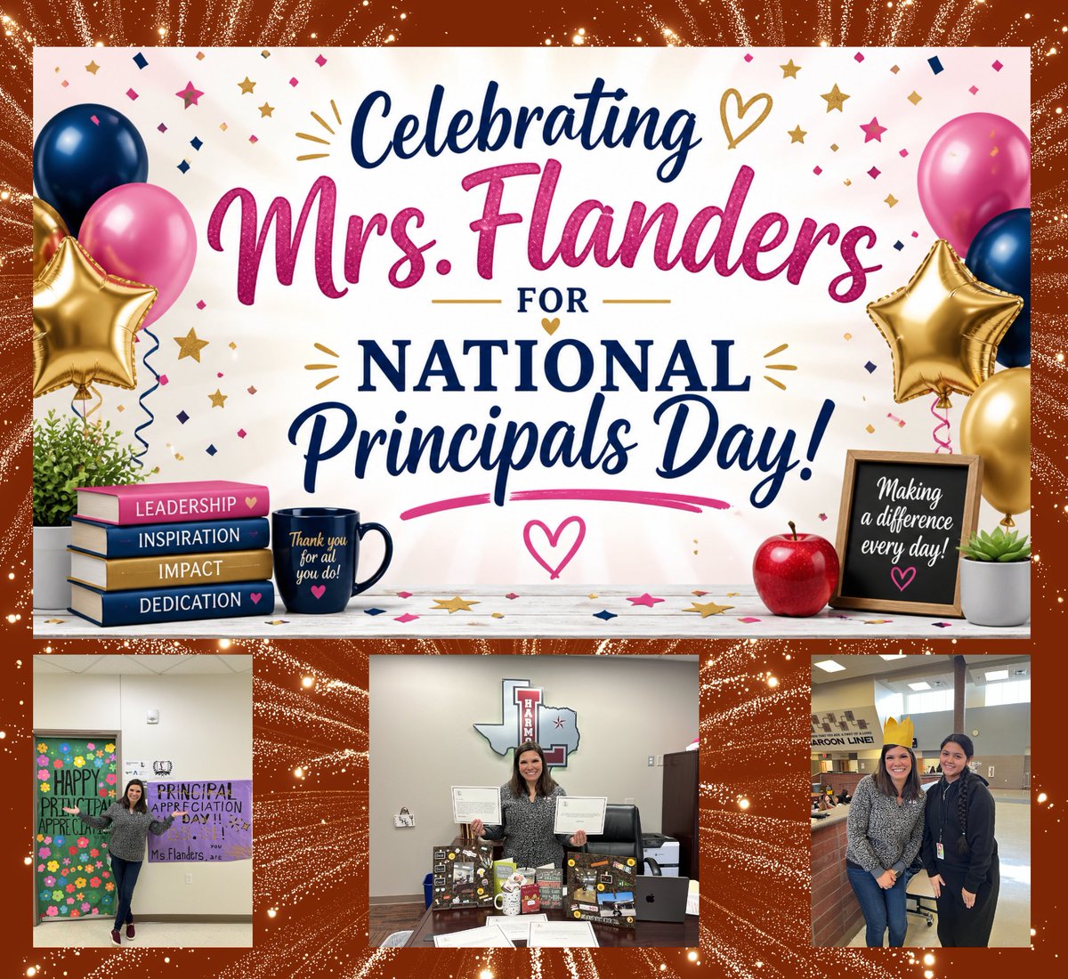 LHSHarmon's tweet photo. To the BEST Principal EVER — Mrs. Flanders!
Thank you for your leadership, positivity, and the way you show up for our students and staff every day. We are lucky to have you leading the way! ❤️ #NationalPrincipalsDay #FarmerPride @LewisvilleISD https://t.co/lJ5FirDzM4