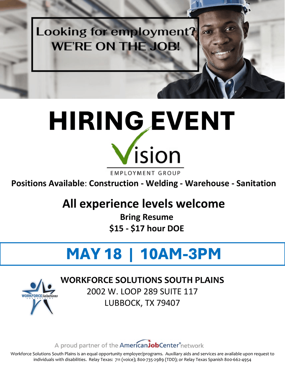 WorkforceSP's tweet image. The Vision Employment Group is holding a hiring event! From construction positions to warehouse positions, all experience levels are welcome! 
#HiringEvent #hiring #jobsearch #employmentopportunities #lubbocktx #WorkforceSolutions