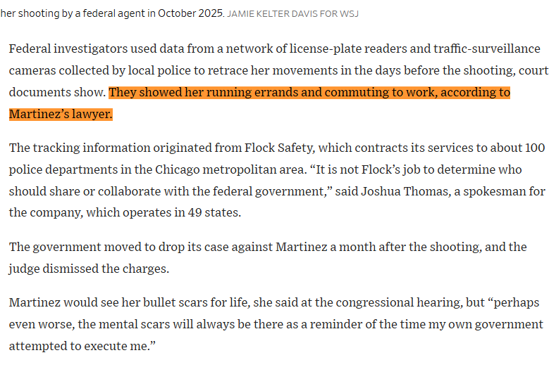 David_J_Bier's tweet photo. DOJ used tracking information from Flock Safety to track Marimar Martinez's movements in the days before DHS agents shot her full of bullets. They showed her running errands and commuting to work.
https://t.co/vFHrUlaTEk https://t.co/WJKQAyECAm