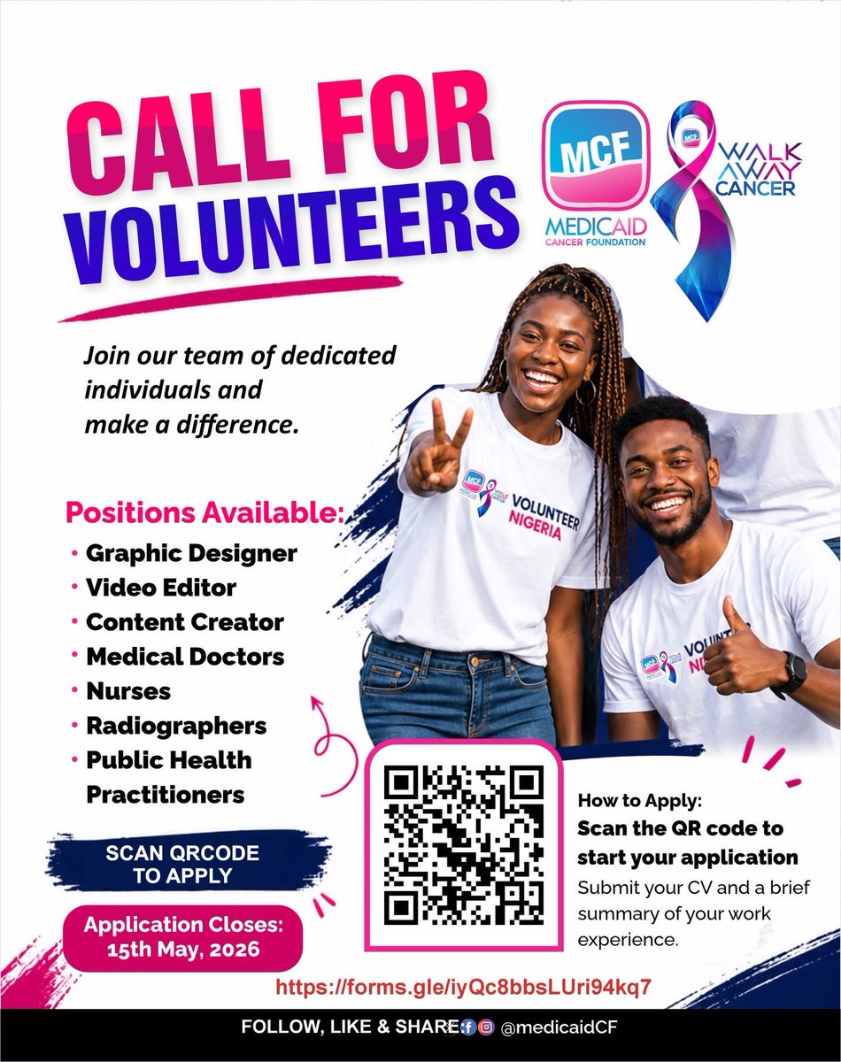 MalcolmAlkalee's tweet photo. Medicaid Cancer Foundation needs YOU — Graphic Designers, Video Editors, Content Creators, Doctors, Nurses &amp; more.

Join the mission. Applications close May 15.

Scan the QR code or apply here: https://t.co/lFdroH0kFj

#WalkAwayCancer2026 #UnitedByUnique https://t.co/Fq7gRn6wUI