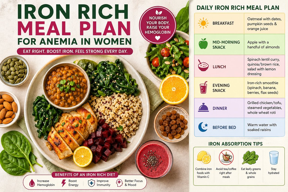 blogwithhetal's tweet image. Low energy? Dizziness? You might be low on iron.

Check out this Iron Rich Meal Plan For Anemia In Women 🥗
✔️ Simple meals
✔️ Boost hemoglobin
✔️ Easy to follow

Start feeling better naturally 👇
blogwithhetal.com/iron-rich-meal…

#IronDeficiency #WomensHealth #Nutrition