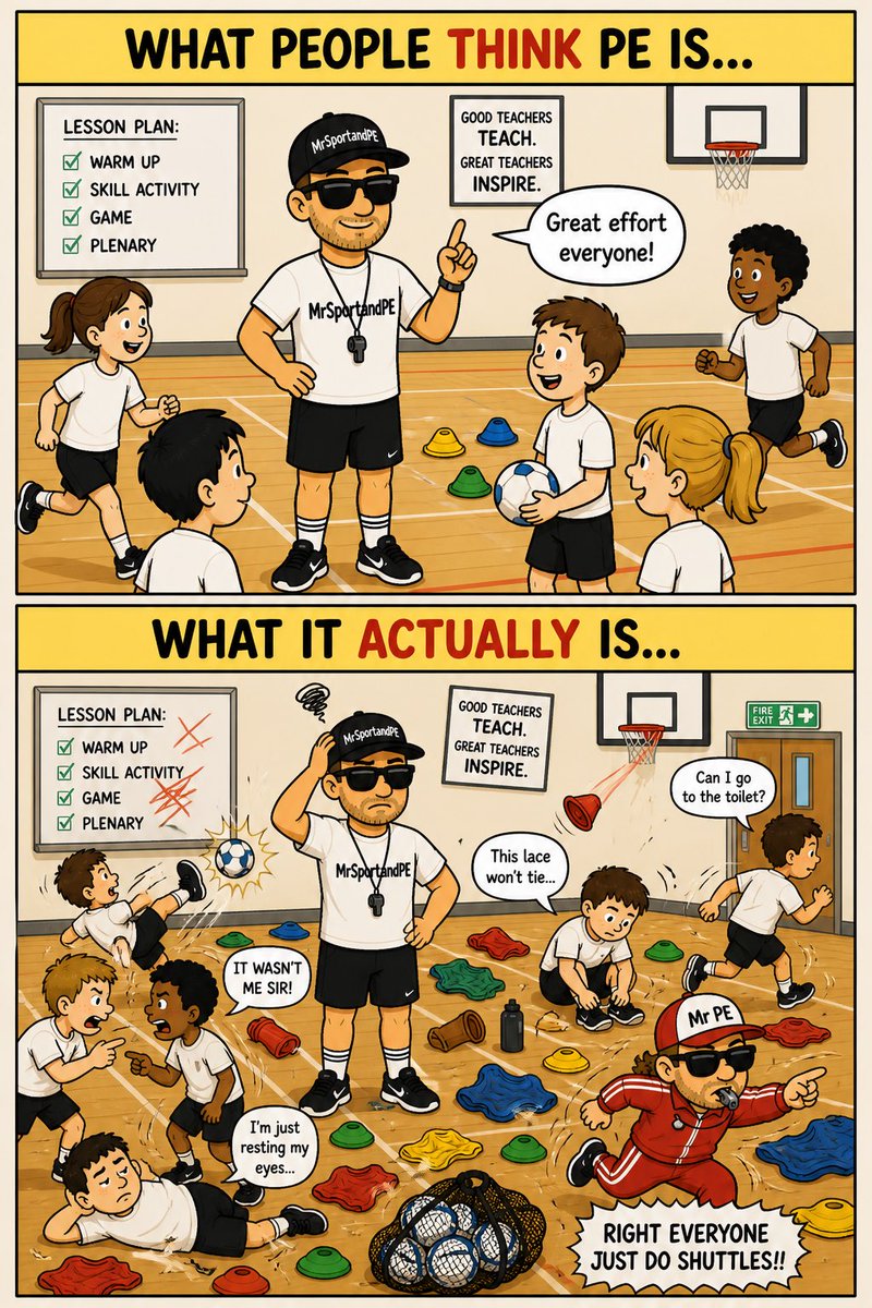 MrSportandPE's tweet image. “Every. Single. Lesson. 😅”

You plan it perfectly…
Clear drills. Smooth transitions. Engaged students.

Then…

“Sir I’ve got a note.”
“Can I just watch?”
“IT WASN’T ME SIR!!!”

#PEteacher #TeacherLife #SchoolLife #PhysEd #TeacherHumour #UKTeachers #Relatable #ClassroomChaos