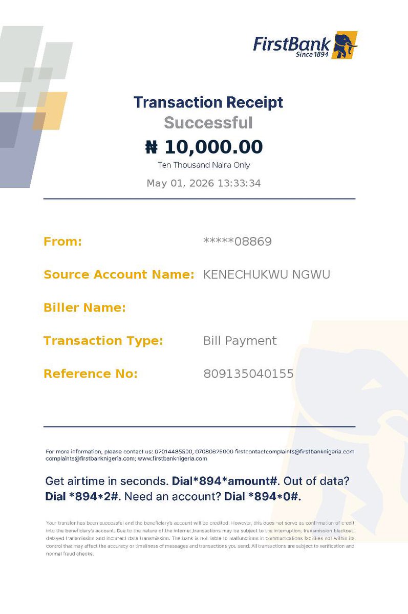kc_banjo's tweet photo. @FirstBankngr I am yet to receive the token for my prepaid recharge today. Attached is my transaction receipt. https://t.co/L8ALNMLQHc