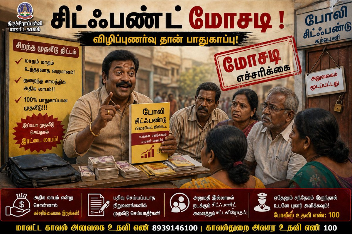 TrichyPolice's tweet image. சிட்ஃபண்ட் மோசடியில் சிக்கி பணத்தை இழக்க வேண்டாம்.!
அதிக லாபம், அதிக வட்டி அல்லது பணத்தை இரட்டிப்பாக்கி தருவதாக கூறும் சிட்ஃபண்டு நிறுவனங்களில் பணம் செலுத்தி ஏமாற வேண்டாம்.
#Chitfund #Fraud #Alert #Awareness #inverstmentFraud #Cheating #Helpline #TrichyDistrictPolice