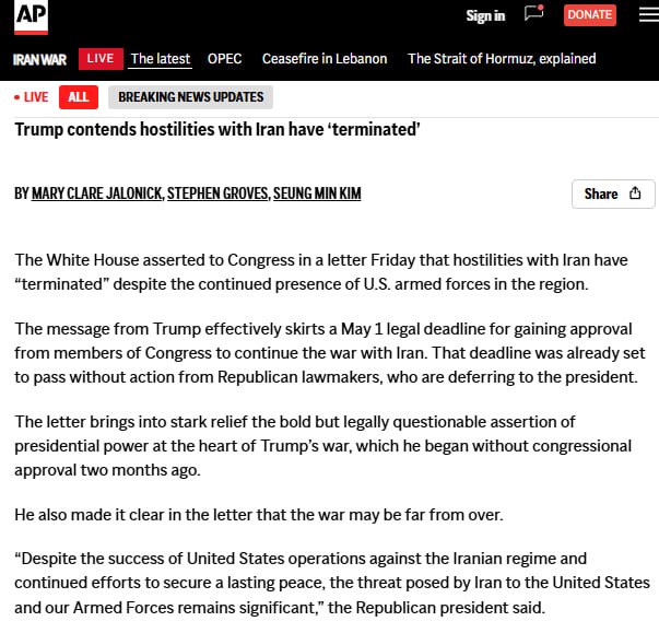 ANederica's tweet image. 🌐 | 🇺🇸 💥 🤡 ⚔️ AP: "Trump contends hostilities with Iran have 'terminated'" Ok, where to begin?
Supreme leader sent a "Dear Santa" letter to Congress today, claiming that hostilities with Iran have "terminated.".
#Global