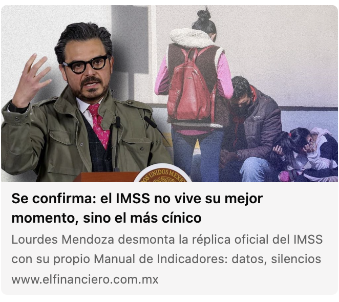 ectorjaime's tweet photo. El IMSS de Zoé Robledo está en retroceso en sus propios indicadores de desempeño

Se desploma la calidad, la atención en tercer nivel y hasta el manejo de la diabetes

Pero @Claudiashein dice que quiere "universalizar la salud" para que todos podamos ir a sus unidades médicas 👇

Si el IMSS no puede garantizar calidad para sus propios derechohabientes, ¿cómo pretende el gobierno abrirlo a toda la población sin más presupuesto, sin más médicos y sin más infraestructura?: El futuro del IMSS será de más saturación y menos calidad.

❌De acuerdo con el Avance de la Evaluación del Desempeño que documenta @lumendoz en el ❌, en marzo 2026, el promedio nacional de desempeño del IMSS apenas llega a 60.9%. Es un resultado mediocre bajo sus propios criterios de evaluación.

❌De los 35 Órganos de Operación Administrativa Desconcentrada, antes delegaciones, ninguno alcanzó el desempeño esperado. Cero de 35. Ni una sola delegación llegó al 80% que el propio IMSS considera aceptable.

❌De los 25 hospitales de alta especialidad (UMAE), los hospitales más importantes del país, ninguno alcanzó desempeño esperado. Además, 19 de 25, es decir, el 76%, están calificadas con “desempeño bajo”.
El promedio nacional de desempeño de estas unidades fue de apenas 72.1%.

❌La tasa de mortalidad por Infarto Agudo al Miocardio aumentó 156% entre 2019 y 2024. Un dato gravísimo para una institución que debería estar mejorando su capacidad de atención oportuna, no retrocediendo.

❌En cáncer cervicouterino, el desempeño nacional fue de apenas 44%.

❌En enfermedades crónicas, como diabetes mellitus e hipertensión, el cumplimiento nacional apenas llega a 52%.

❌La salud neonatal también muestra una señal de alarma. El indicador nacional cayó de 80.7% en enero a 61.9% en marzo. Una caída grave en apenas tres meses.

❌Mientras el IMSS se deteriora en sus propios indicadores, el gobierno insiste en vender la idea de que todos podrán atenderse en sus unidades médicas.