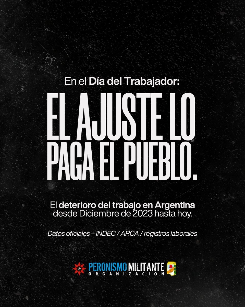Peronismo_PM's tweet photo. Día del Trabajador: EL AJUSTE LO PAGA EL PUEBLO

MÁS ARGENTINOS SIN TRABAJO 

6% >>> 7,5 %

El desempleo creció desde la asunción de Javier Milei. https://t.co/1s4Mdw2UvV
