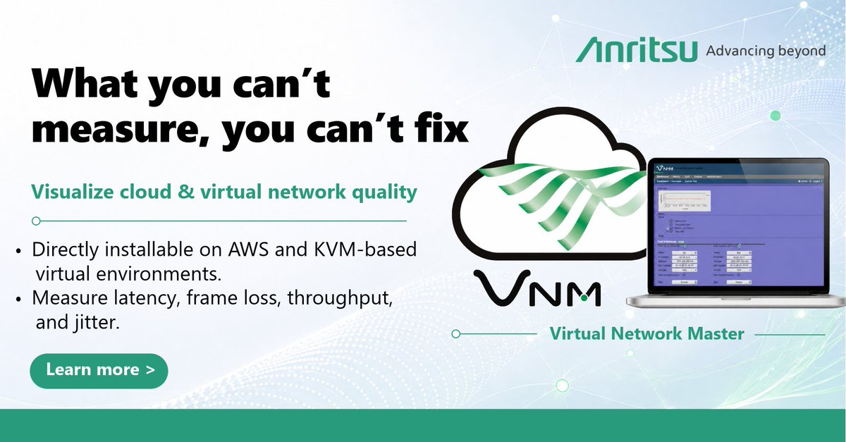 Anritsu's tweet photo. We're excited to announce the expansion of our #VirtualNetworkMaster series!
Learn how #Anritsu's new Virtual Network Master for KVM MX109031PC supports virtualized server environments based on #KVM, a widely used Linux-based virtualization technology: https://t.co/8Ra0fJoT6W https://t.co/lxoUVt2nru