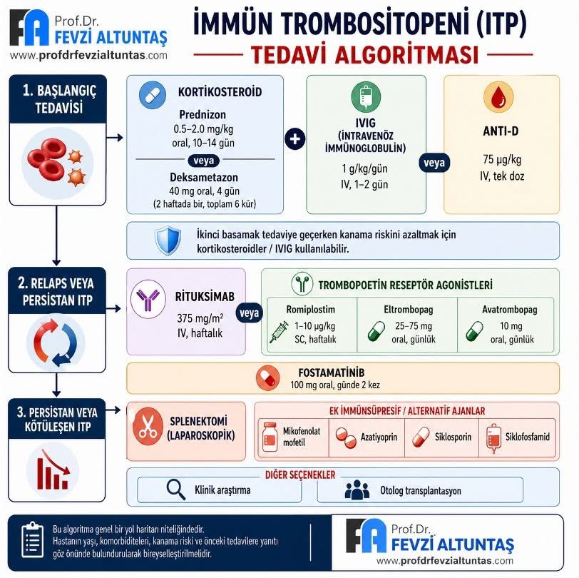 İMMÜN TROMBOSİTOPENİ (ITP)
I. “Amaç trombosit sayısını normal yapmak değil, güvenli bir düzeyde tutmaktır.”
Klinik karşılığı:
•Hedef: kanama riskini önlemek, “sayısal normalizasyon” değil 
•Çoğu hasta için: 
      - Trombosit >30.000-50.000/mm³ yeterlidir (kanama yoksa)