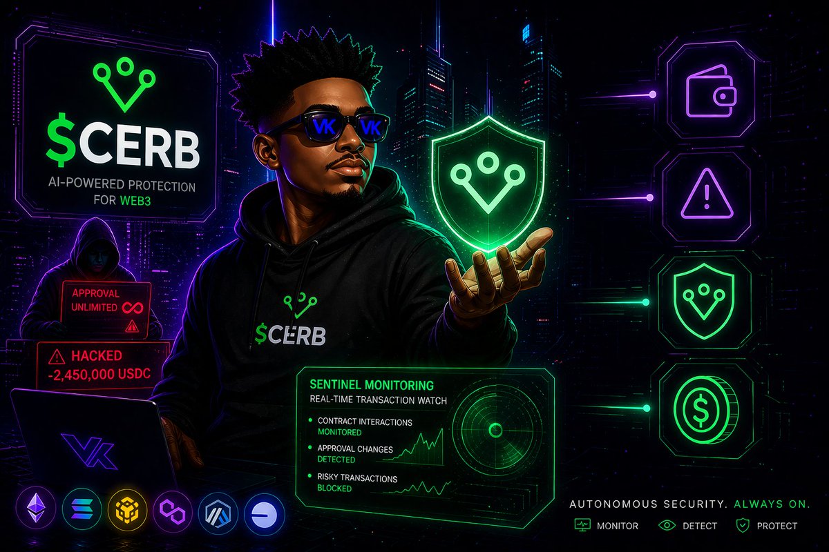 Viki_Fi's tweet photo. Hardware wallets protect keys not approvals.The average crypto hack cost users millions before noticing. @CerbAgent protect both by monitoring what contracts do with your assets even after you sign.
$CERB powers it with sentinel monitoring transactions so you don't turn statistic https://t.co/t5AoDBEfWf