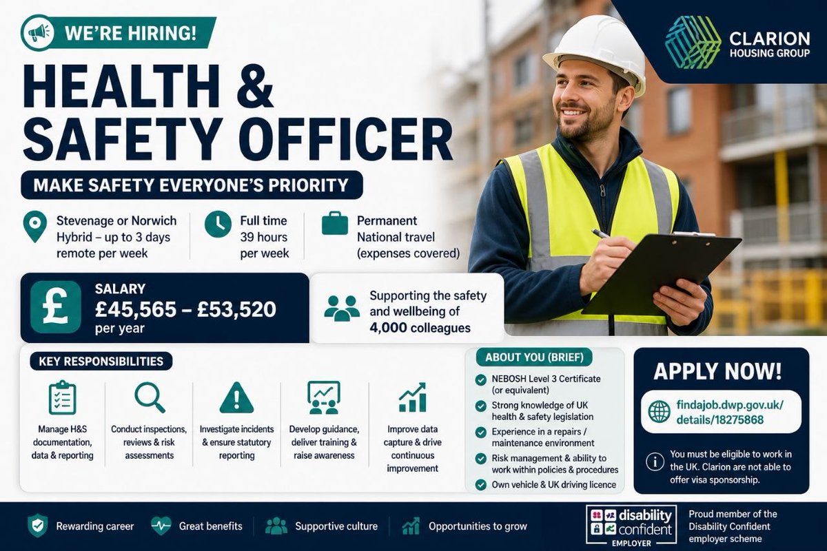 skillners's tweet image. 🇬🇧 Health &amp;amp; Safety Officer (Hybrid) — Stevenage/Norwich
£45,565–£53,520 

• NEBOSH L3 
• National travel

Visa: Not sponsored (UK work rights required)

Apply: findajob.dwp.gov.uk/details/182758…

#UKJobs #HealthAndSafety #NEBOSH