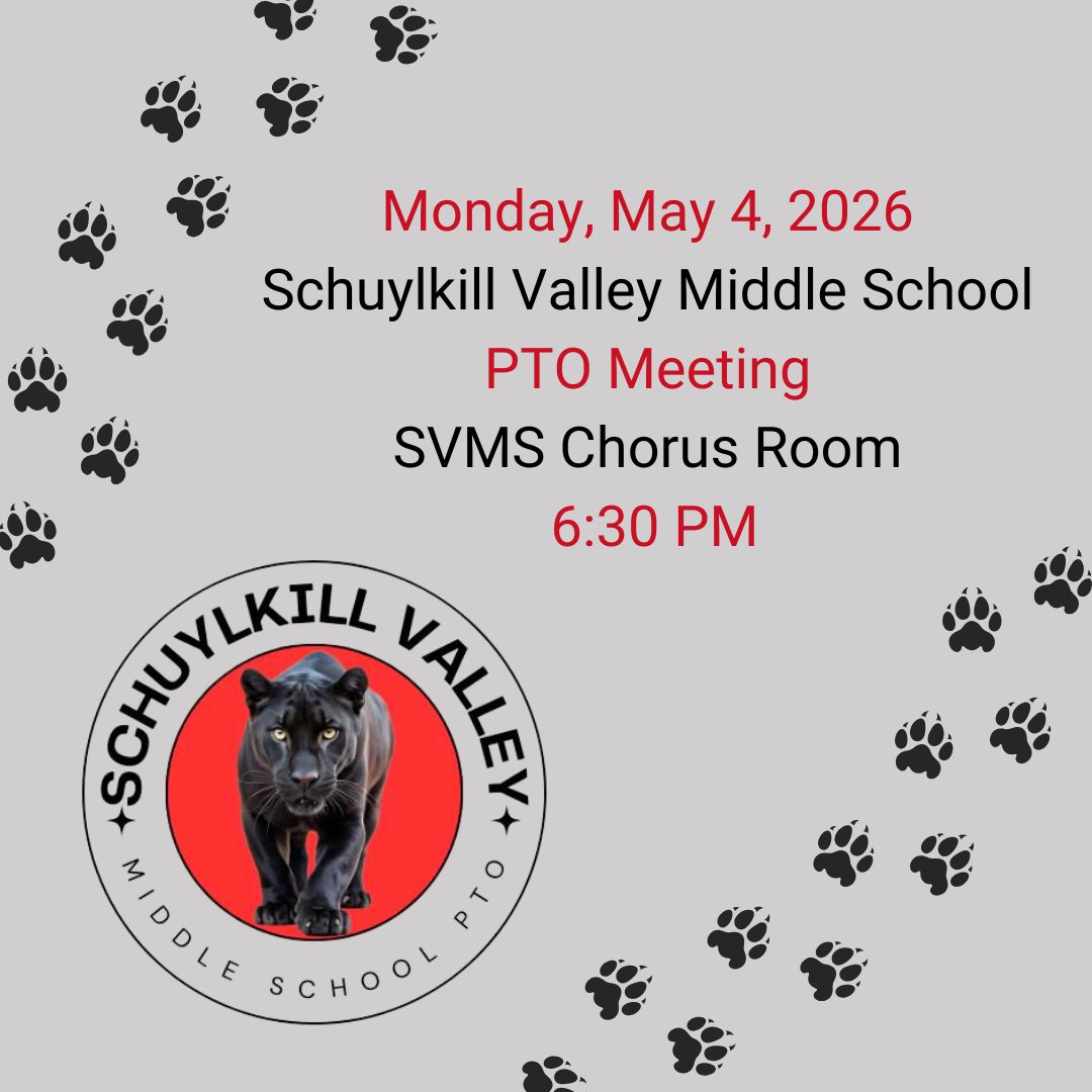 SV_Panthers's tweet image. The Schuylkill Valley Middle School PTO will meet on 5/4, for its monthly meeting. All are welcome to attend. The PTO is looking for volunteers to help with the SVMS Arts Festival on 5/7. Visit the PTO's Facebook page for more information.
#PantherPride