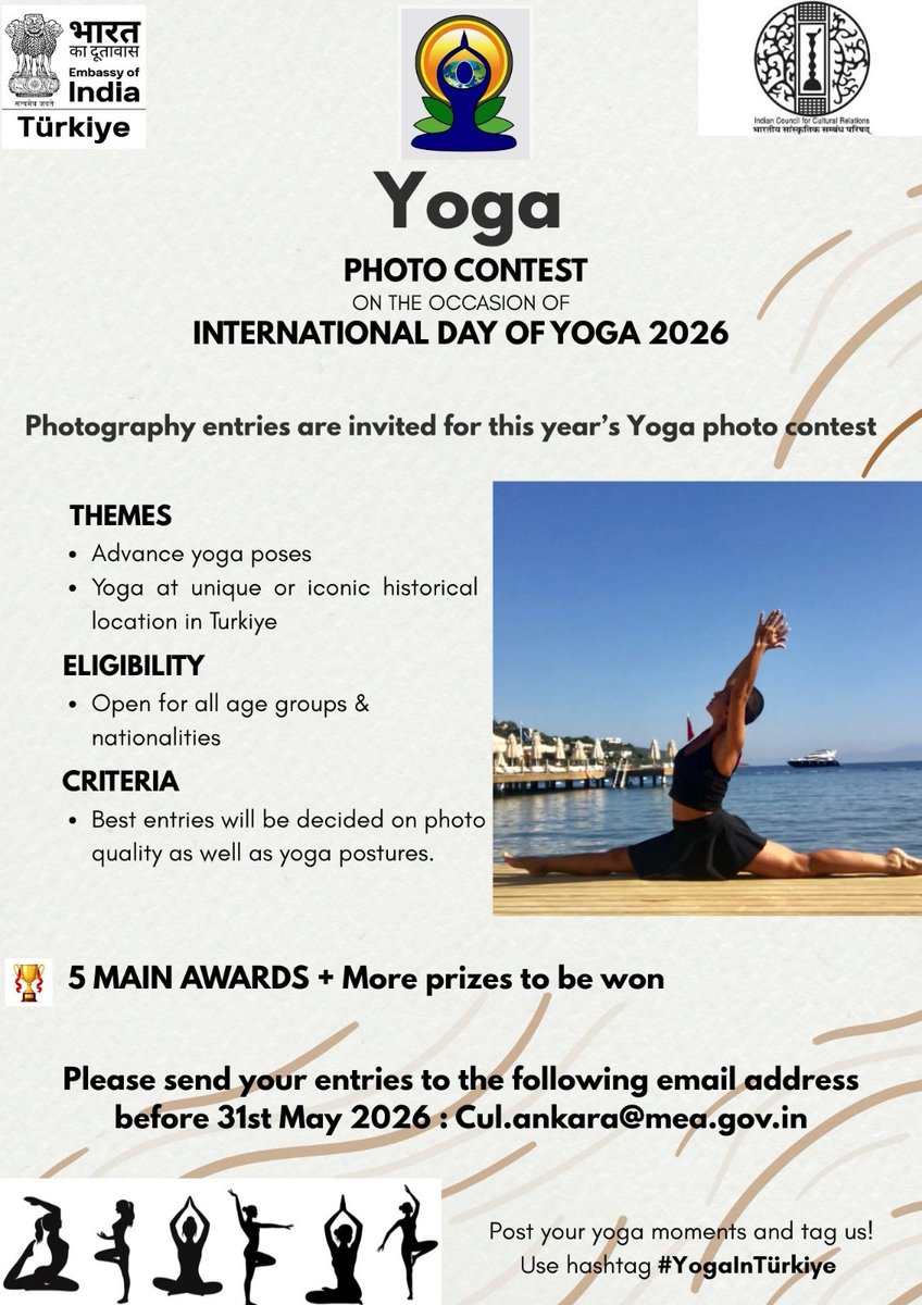 IndiaInTurkiye's tweet image. Capture Yoga in Focus!! 🧘

Join the #YogaPhotoContest and promote #Yoga awareness ahead of #IDY2026.

Share your creative lens and inspire others to embrace a healthier lifestyle.

Details ⬇️

.

Yogayı Kadrajına Yansıt!! 🧘

#YogaFotoğrafYarışması’na katılın ve #IDY2026
