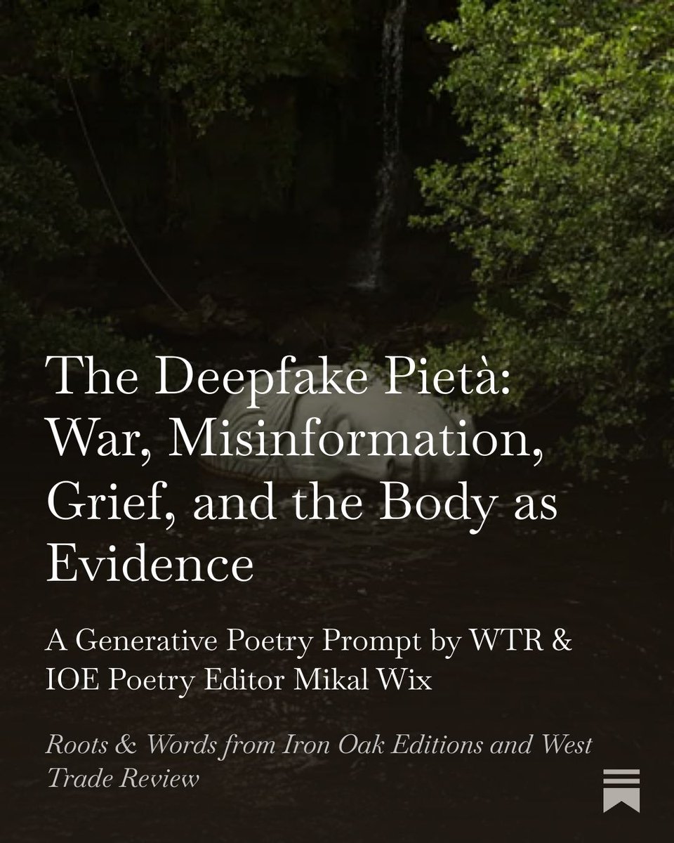 WTRlitmag's tweet image. Looking for writing inspiration?

Check out this generative poetry prompt from associate poetry editor Mikal Wix at the link below:

buff.ly/t4svSib 

#writingprompts #writingcommunity #amwriting