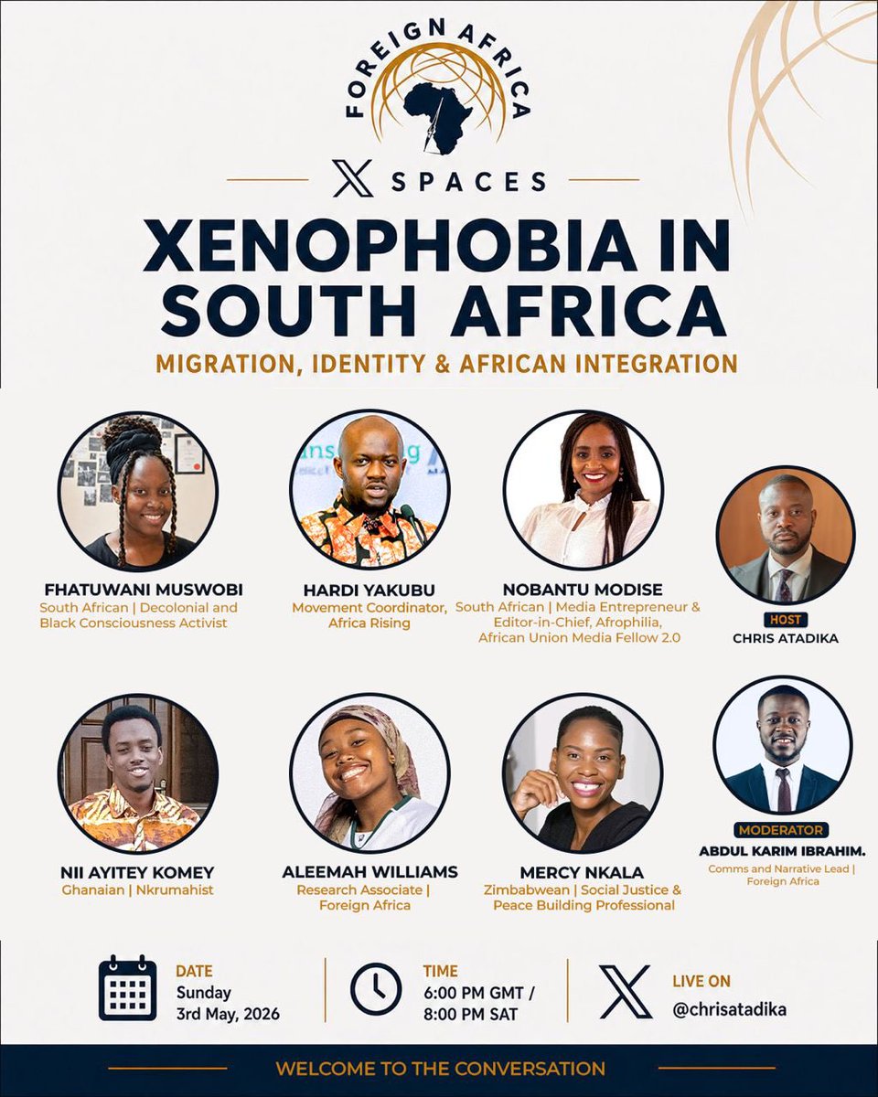 chrisatadika's tweet photo. Click on the link below to schedule this X space discussing the current happenings in South Africa on the 3rd of May, 2026 at 6pm.

https://t.co/3a03bUz1eO https://t.co/IqXkhMR0OD