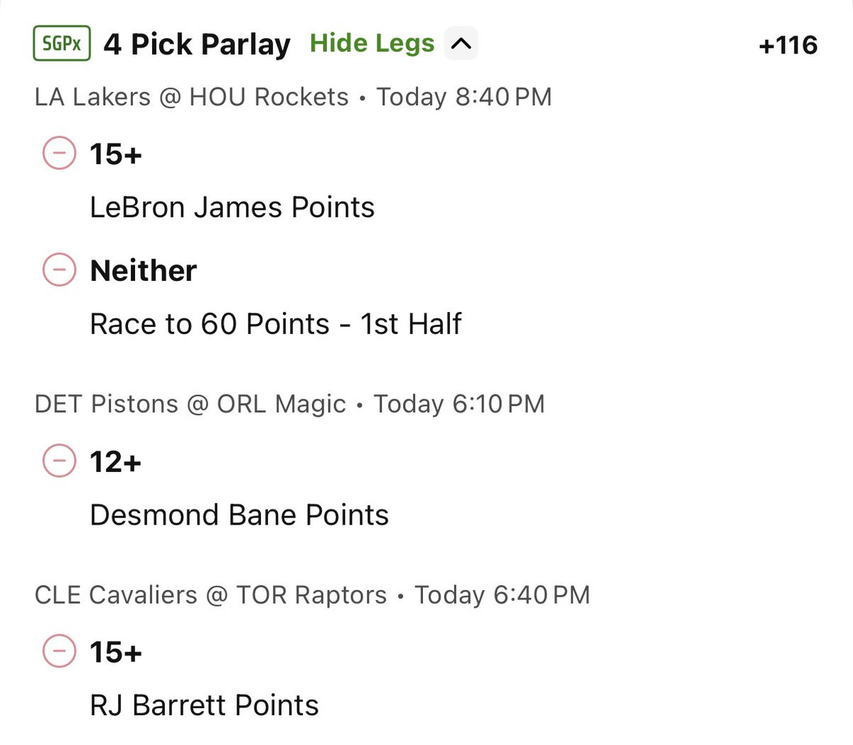 smart_parlays's tweet image. Special 5 O'Clock NBA Smart Parlay DraftKings 🏀🚀⏰

Lebron James 15+ Points
HOU-LA Neither to 60 1H
Desmond Bane 12+ Points
RJ Barrett 15+ Points

$100 ➡️ $216.45

#MLB #NBA #Basketball #Bets #Betting #Cash #Lotto #FanDuel #DraftKings #NBAFirstBasket #NBAPlayoffs