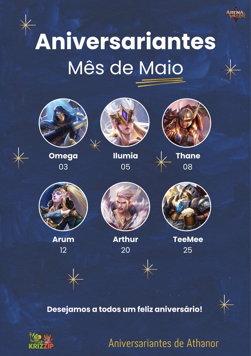 krizzip666's tweet image. Aniversariantes de Maio no Arena Of Valor
03 - Omega
05 - Ilumia
08 - Thane
12 - Arum
20 - Arthur
25 - TeeMee

#omega #ilumia #thane #arum #arthur