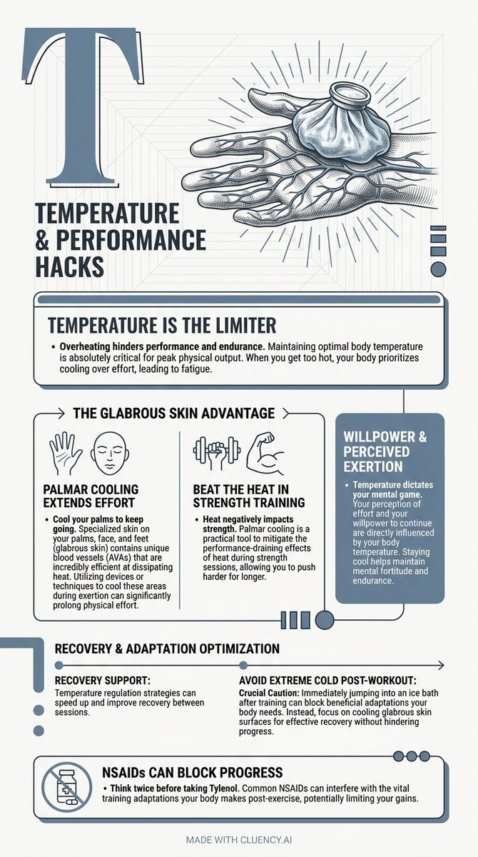 cluencyai's tweet image. @hubermanlab says ice baths post-workout can block beneficial adaptations. Cool glabrous skin instead. Interesting! Made with @cluencyai

#temperature #performance #recovery #physiology