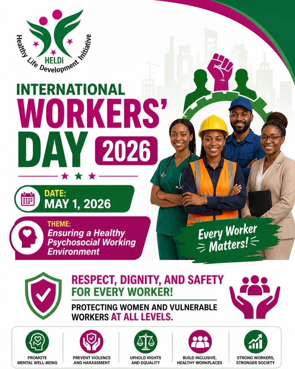 heldiforall's tweet photo. Celebrate wit us. Healthy workplace is a productive workplace. 2geda, let's build a safer, healthier &amp; more inclusive world of work
#WorkersDay2026
#HealthyWorkplace
#MentalHealthAtWork
#SafeWorkEnvironment
#EndWorkplaceViolence
#DignityAtWork
#ProtectWorkers
#WellbeingAtWork https://t.co/rEy4LWjQj9