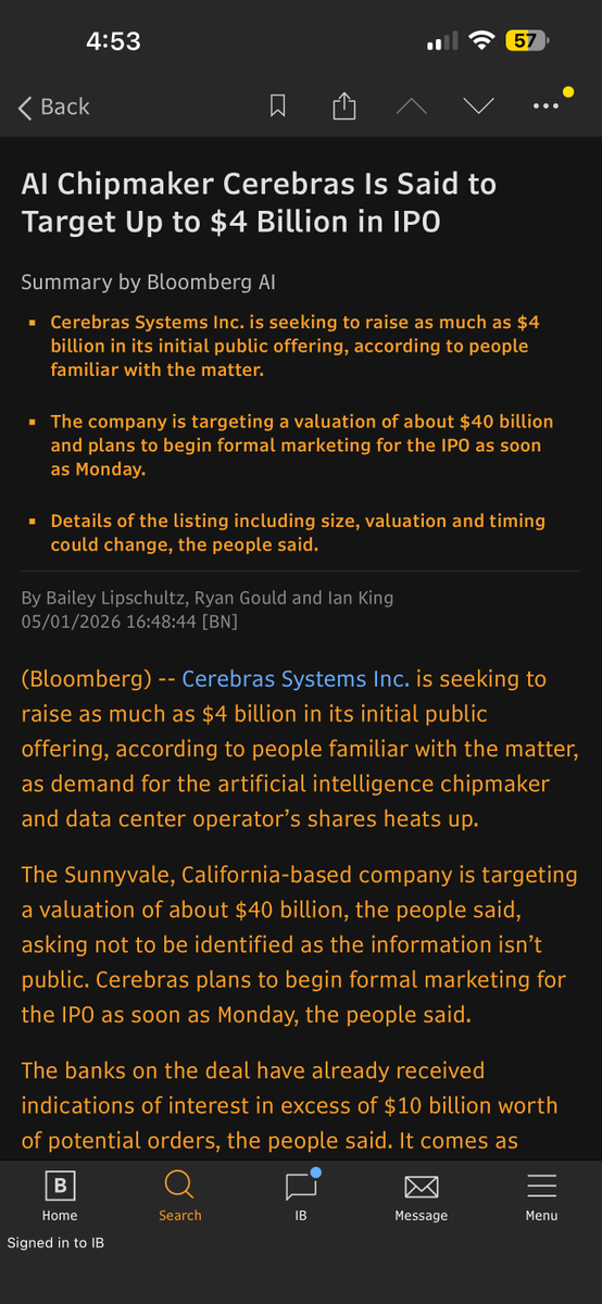 BTLipschultz's tweet photo. SCOOP: The white-hot rally for chip stocks has Cerebras positioned to raise as much as $4 billion in an IPO that is slated to begin marketing on Monday:

https://t.co/f9pr5ql9WM https://t.co/iuprWsGlW6