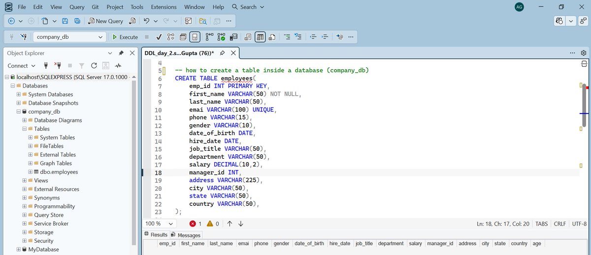 TechdevoAyush's tweet photo. 🚀 Day 2 of SQL (DDL) | 1 May 2026
Learned how databases are actually structured using DDL in Microsoft SQL Server 💻
Covered:
CREATE → build
ALTER → modify
DROP → delete
Also explored tables, columns, datatypes &amp; schema🧠
Starting to understand how real systems design data📊 https://t.co/6hAp6nBgAE