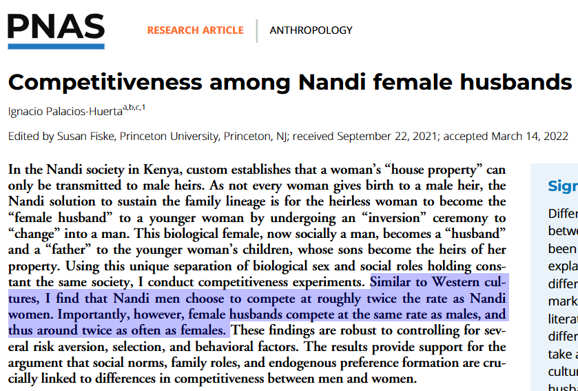 In Western cultures men tend to be more competition-seeking than women. Is this nature or nurture? This study tries to tease these apart using a craaaazy setting