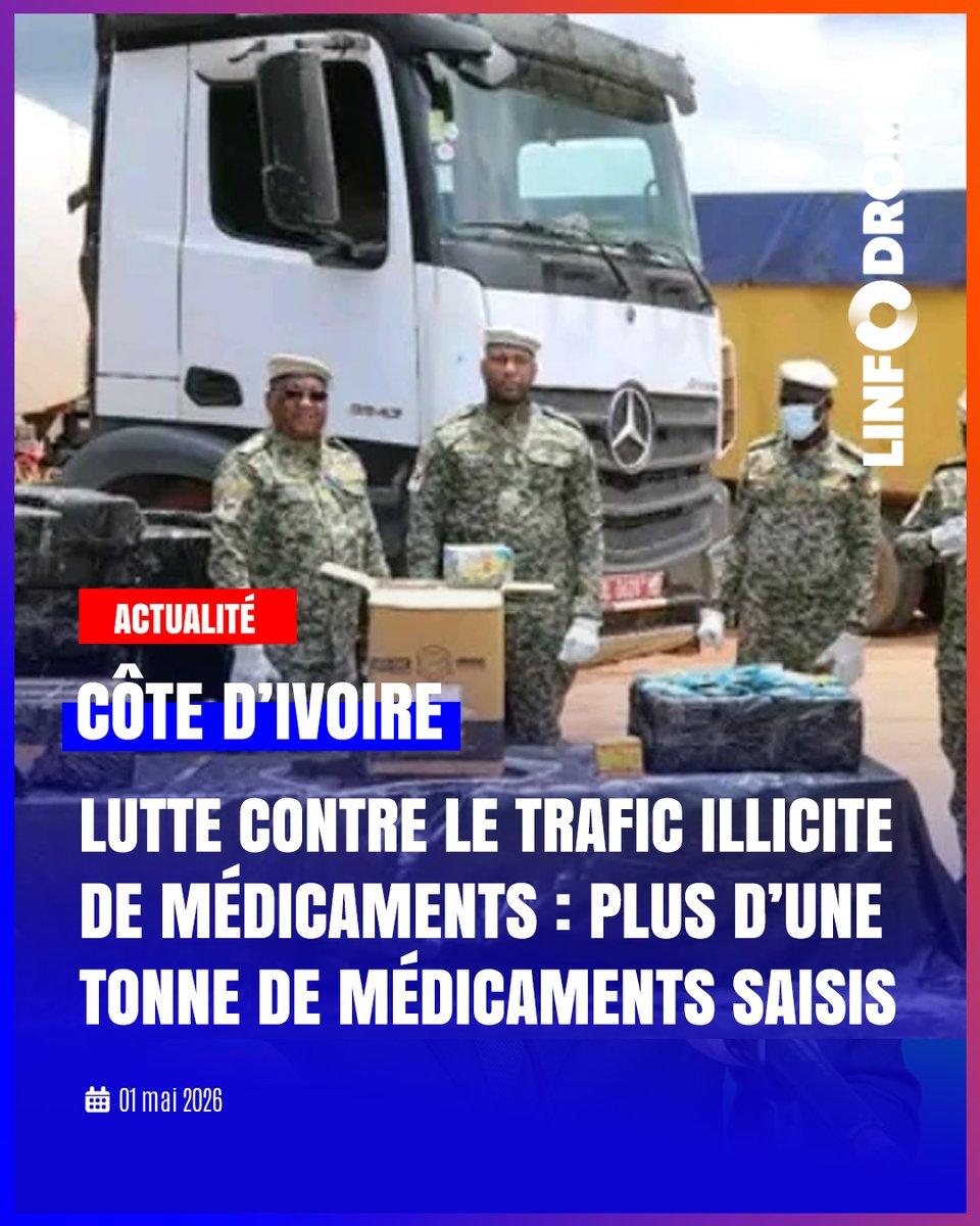 Linfodrome's tweet image. 129 colis de Produits Médicaux de Qualité Inférieure et Falsifiés (PMQIF) dissimulés dans un camion-citerne à Yopougon ont été saisis lors d’une opération de contrôle menée par l’unité mobile d’intervention rapide des Douanes ivoiriennes.

#Linfodrome