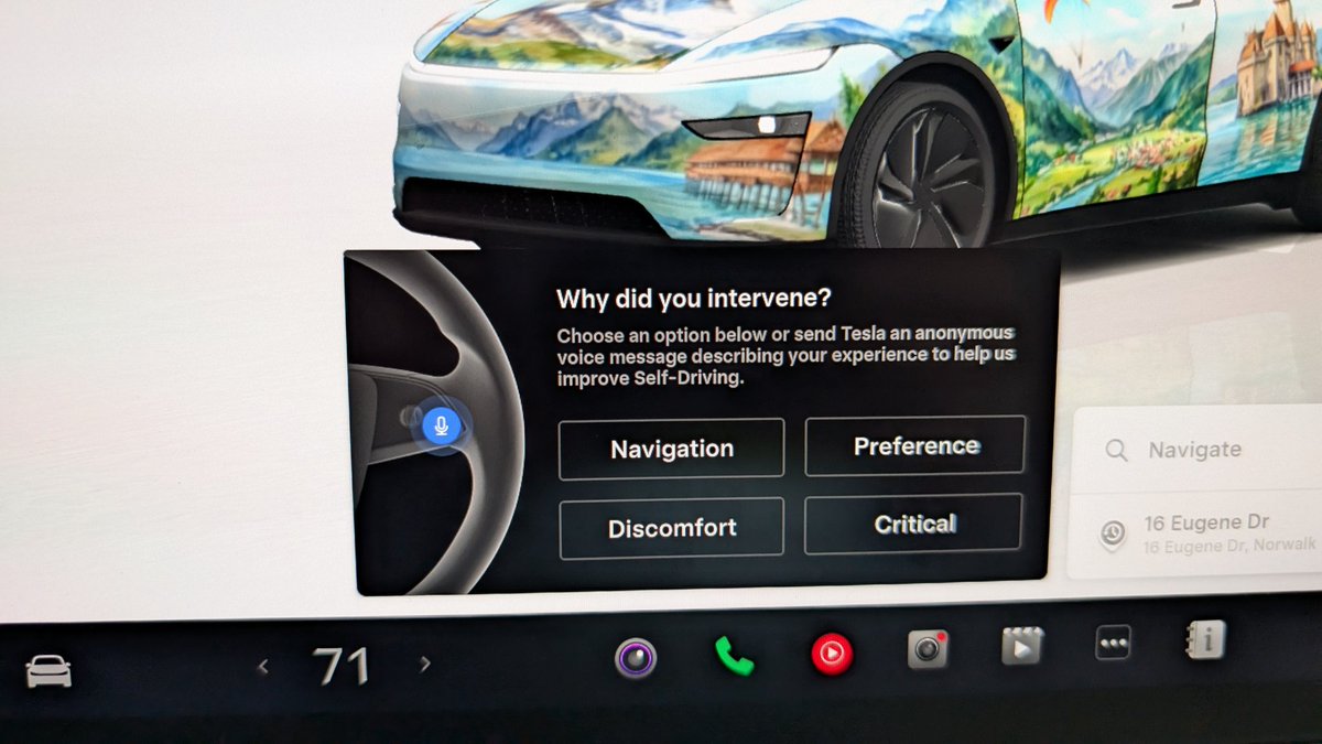 roger_kappler's tweet photo. The latest update changed the layout and position of the intervention Dialog. It now combines voice note and feedback buttons in the lower right corner, no longer covering navigation. It can't be dismissed though still, and no time out  @teslascope https://t.co/D6xecewhoe