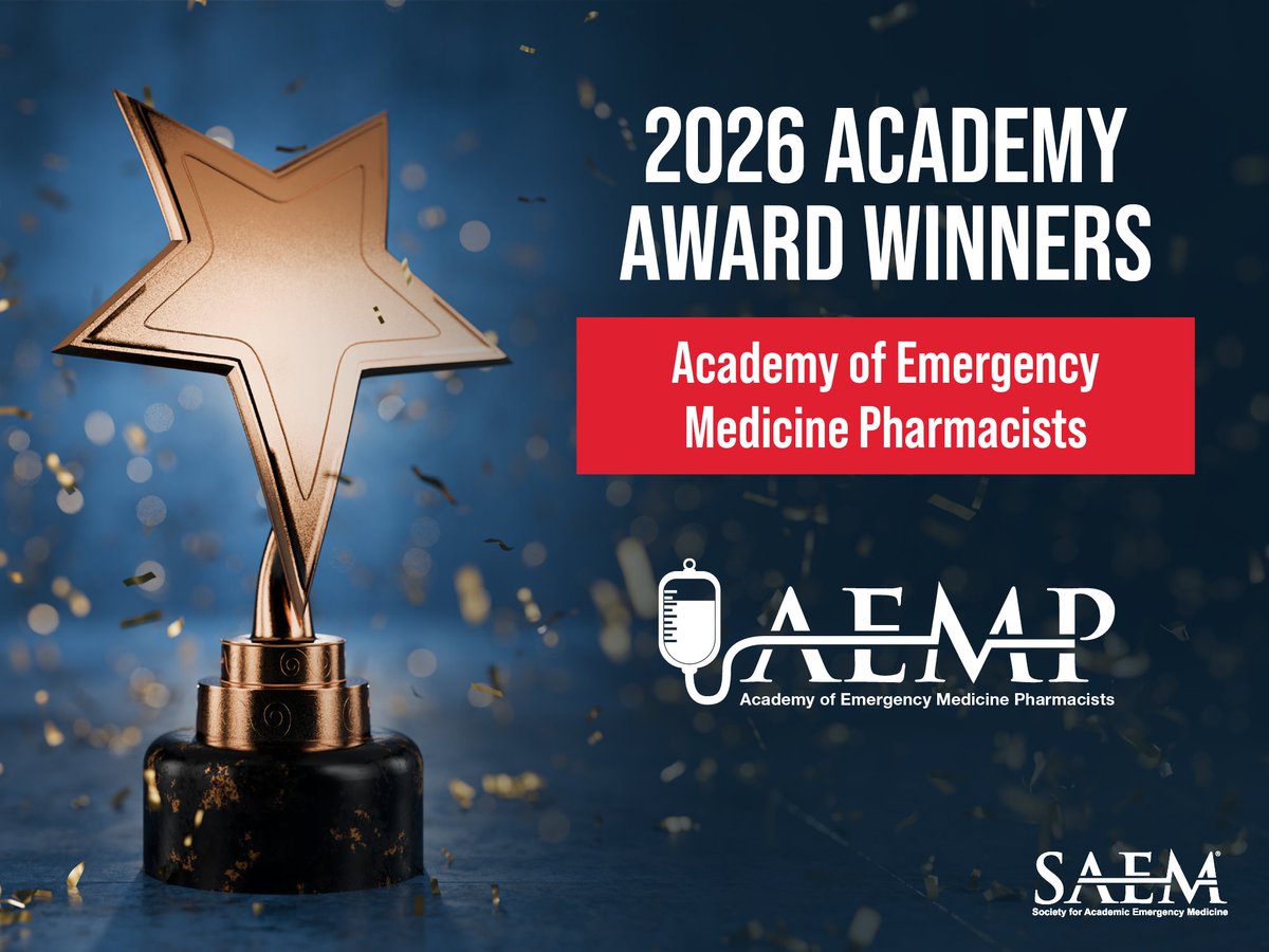 SAEMonline's tweet image. SAEM is pleased to celebrate our 2026 Academy of Emergency Medical Pharmacists' (AEMP) Academy Award recipients! We appreciate your contributions in #EmergencyMedicine throughout the past year. 

View the Academy Award winners: ow.ly/11EK50YMET2