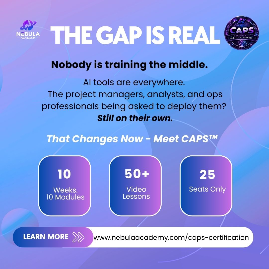 LJCoach's tweet image. The gap is real.

AI training is built for execs or devs.

But what about the people actually deploying it?

CAPS™ is built for them.

10 weeks. Real outcomes.

 Only 25 seats.

Learn more:🔗 okt.to/8fH9ke

#CAPS #AILeadership #NoCodeAI #Nebulaacademy