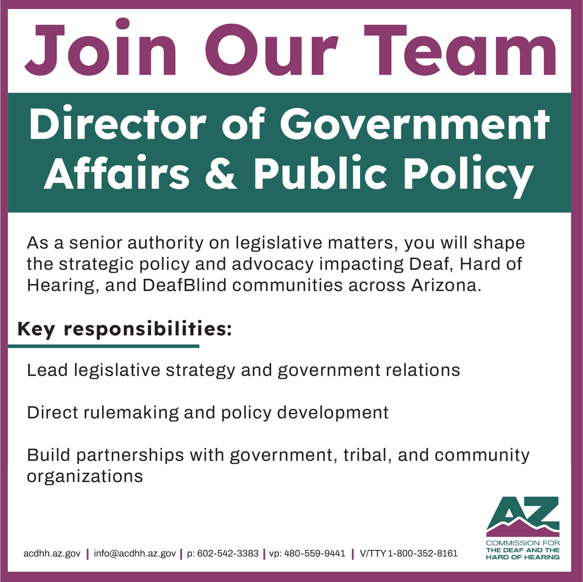 AzCDHH's tweet photo. Are you passionate about making a meaningful impact in Arizona? We are seeking a Director of Government Affairs and Public Policy to lead legislative efforts and deliver real outcomes for our DHHDB communities. Apply today!

https://t.co/7qTBKLs098 https://t.co/q6OpiohTi8