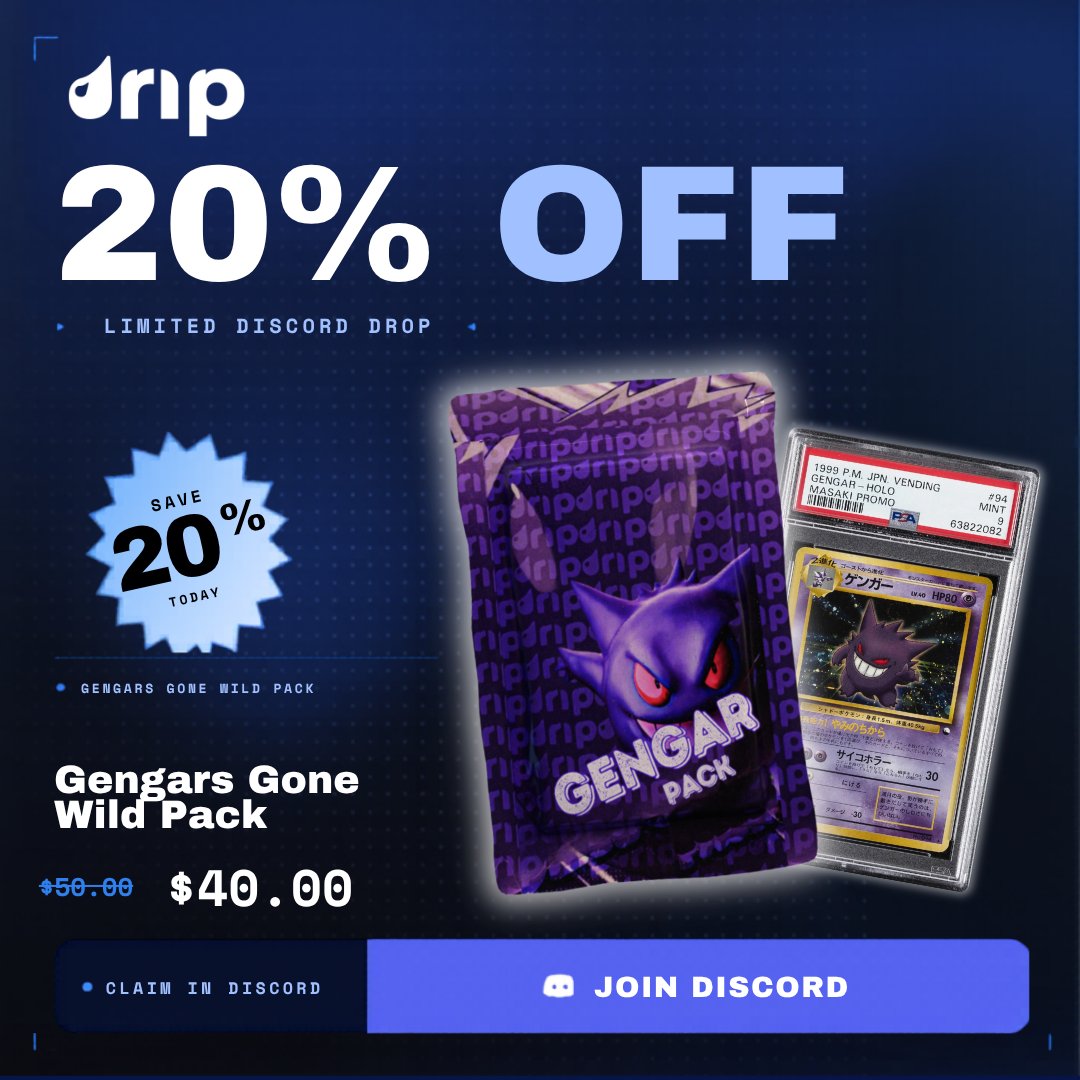 dripshop_live's tweet image. Late night drop 🌙👻 
Gengar Gone Wild Pack 20% off

Code dropping in Discord tonight

Don't blink. Code in #collector-chat only. 

discord.gg/rwd3AQ5Xz