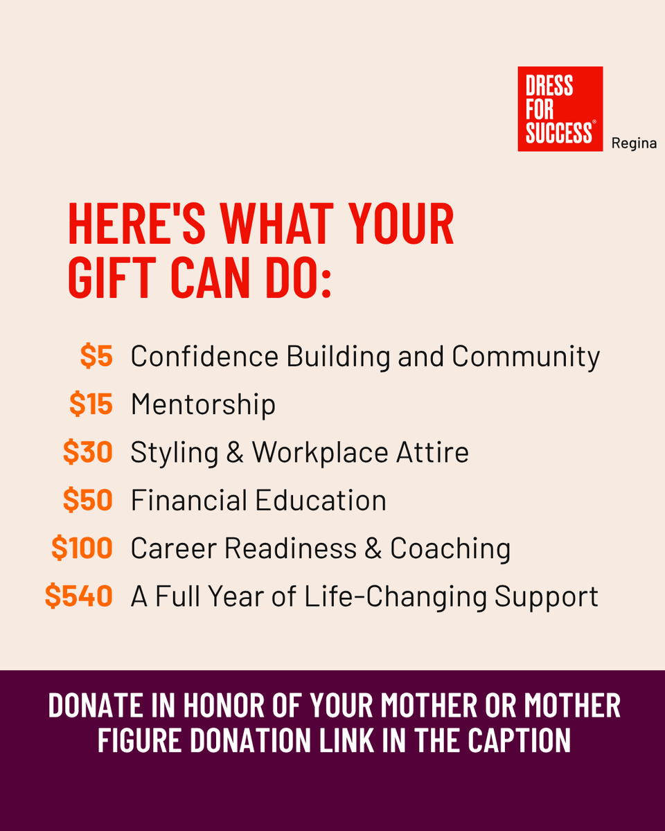 DFSRegina's tweet photo. This Mother’s Day, honor your mom or a mother figure by paying it forward 💜

Donate to Dress for Success in her name and help women gain their confidence and economic independence.

Even $5 can make a difference.
Donate today: https://t.co/oQYvnAzzBd
Celebrate her impact 💫 https://t.co/C01byXf4Bp